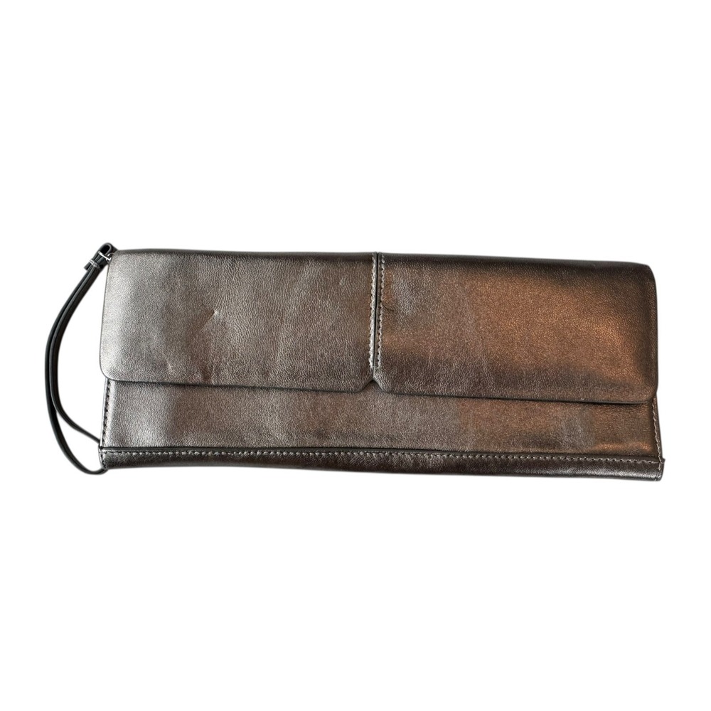 Alfani Silver Leather 12" Magnet Clasp Multi Pocket Wristlet Wallet Clutch Bag